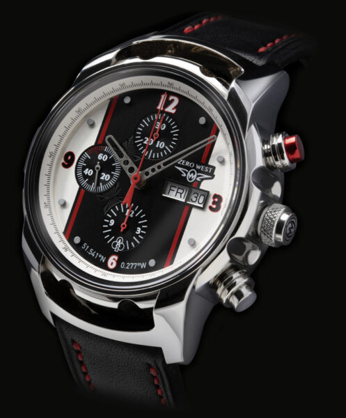 CR1 watch on black leather strap with red stitching