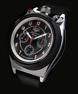 LS1 watch on black leather strap close up
