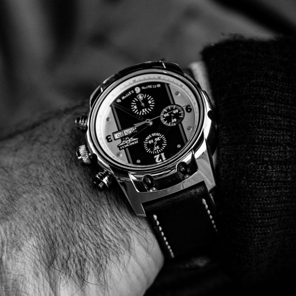 CR2 watch on leather strap black and white close up shot