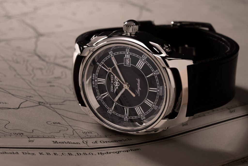 L2 watch with black strap on map