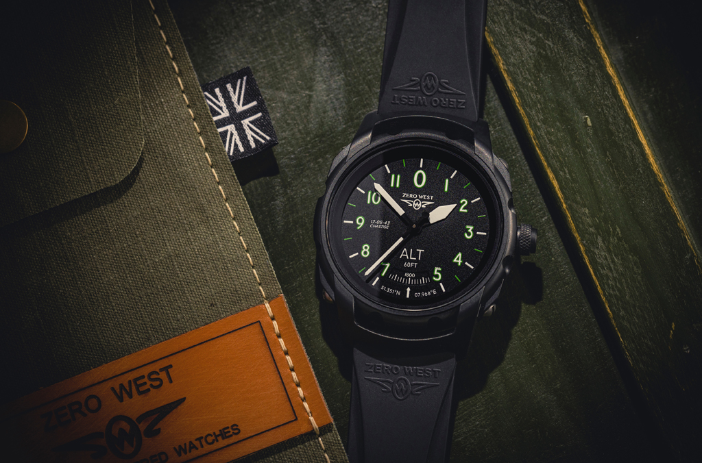 DB-1 black out on black strap next to watch pouch