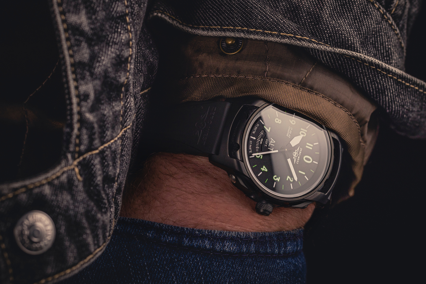 DB1 blackout watch wrist shot with denim jacket