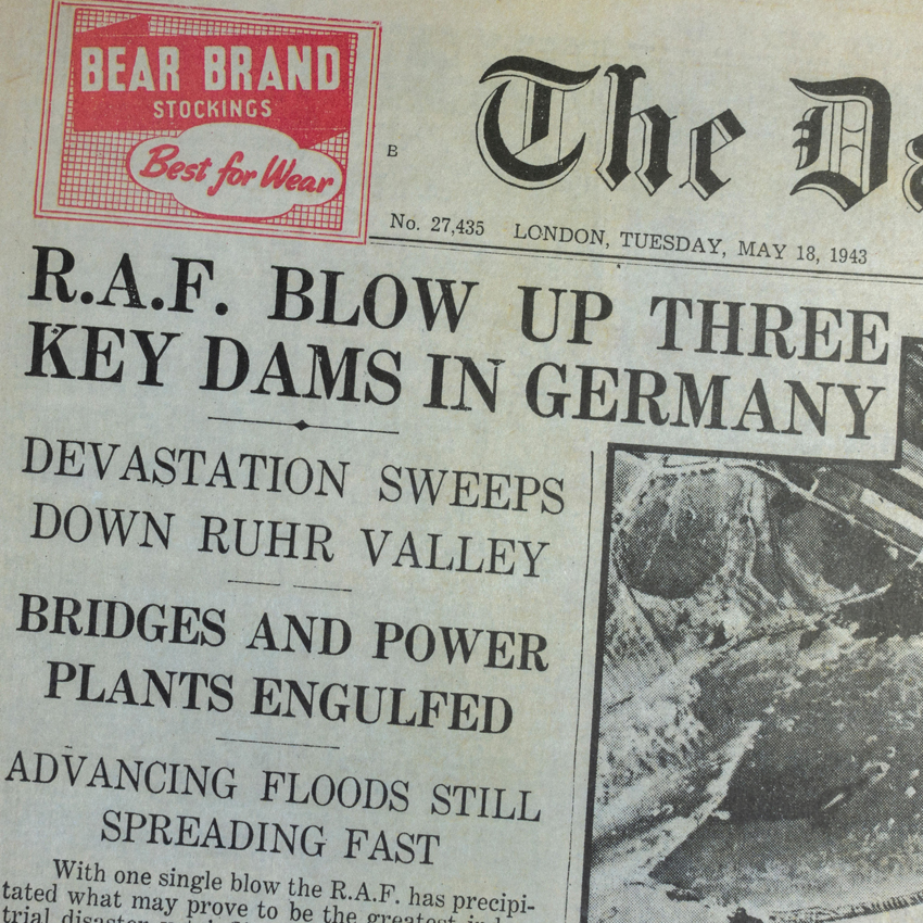 Photo picturing the newspaper from 1943 reporting on the Dambuster raid