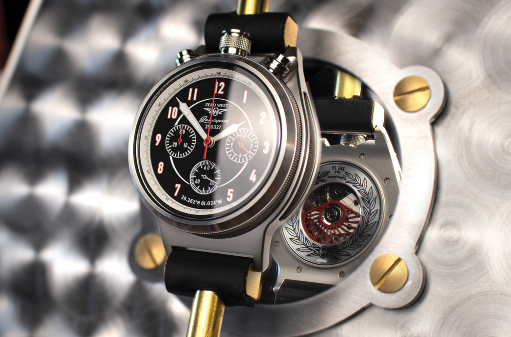 LS2 watch on stand showing back of watch in mirror