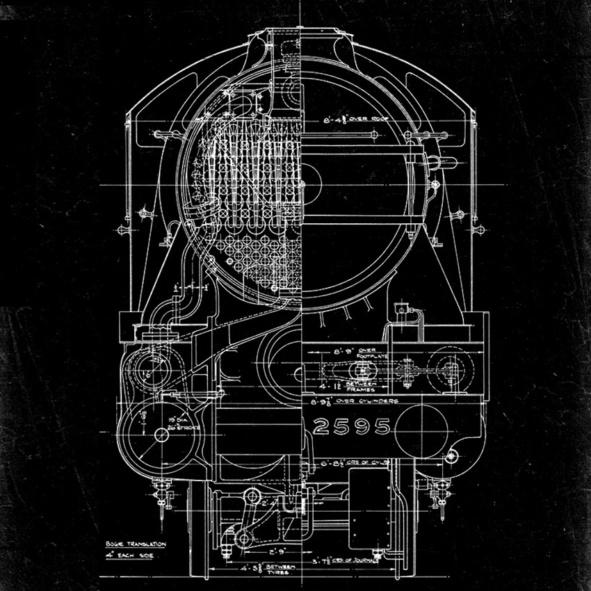 Black and white technical drawing of flying scotsman from front