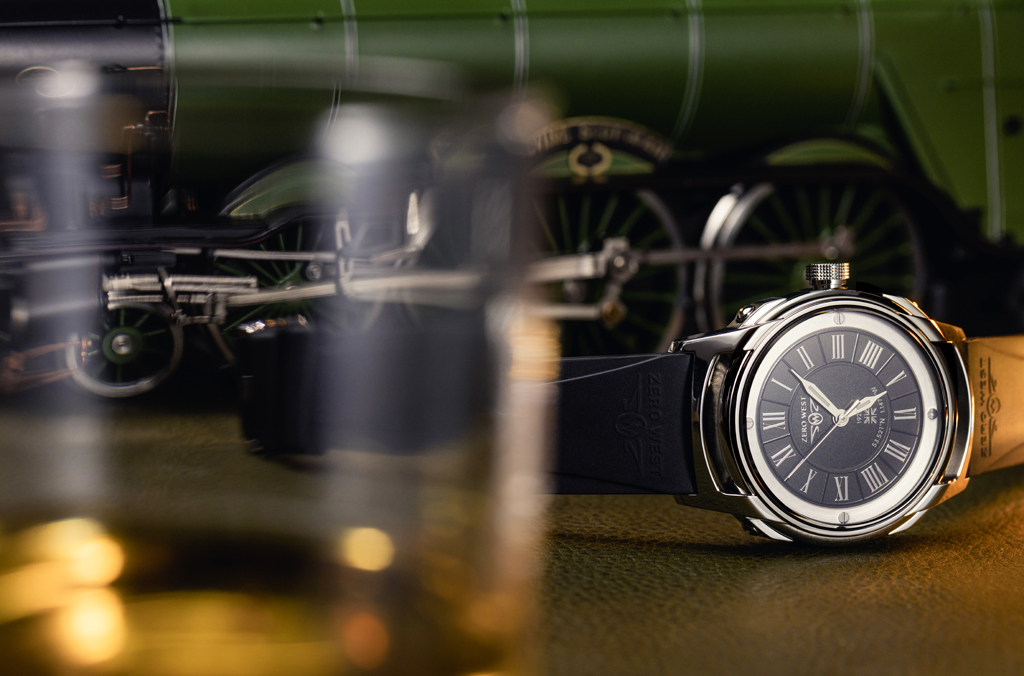 Flying Scotsman FS-2 watch with Flying Scotsman model behind