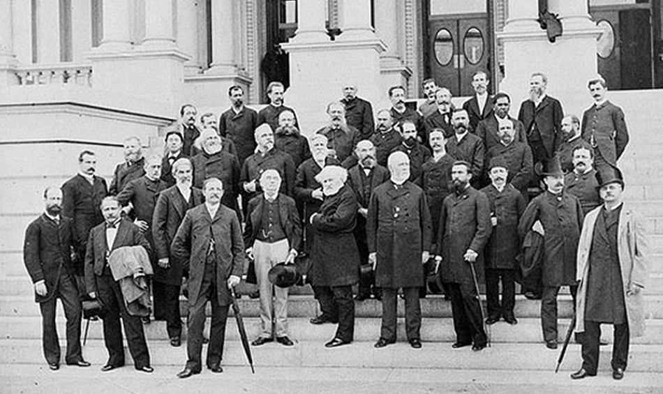 Vintage photo of men standing on steps