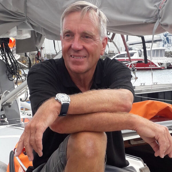 Close up of Simon Curwen on his boat